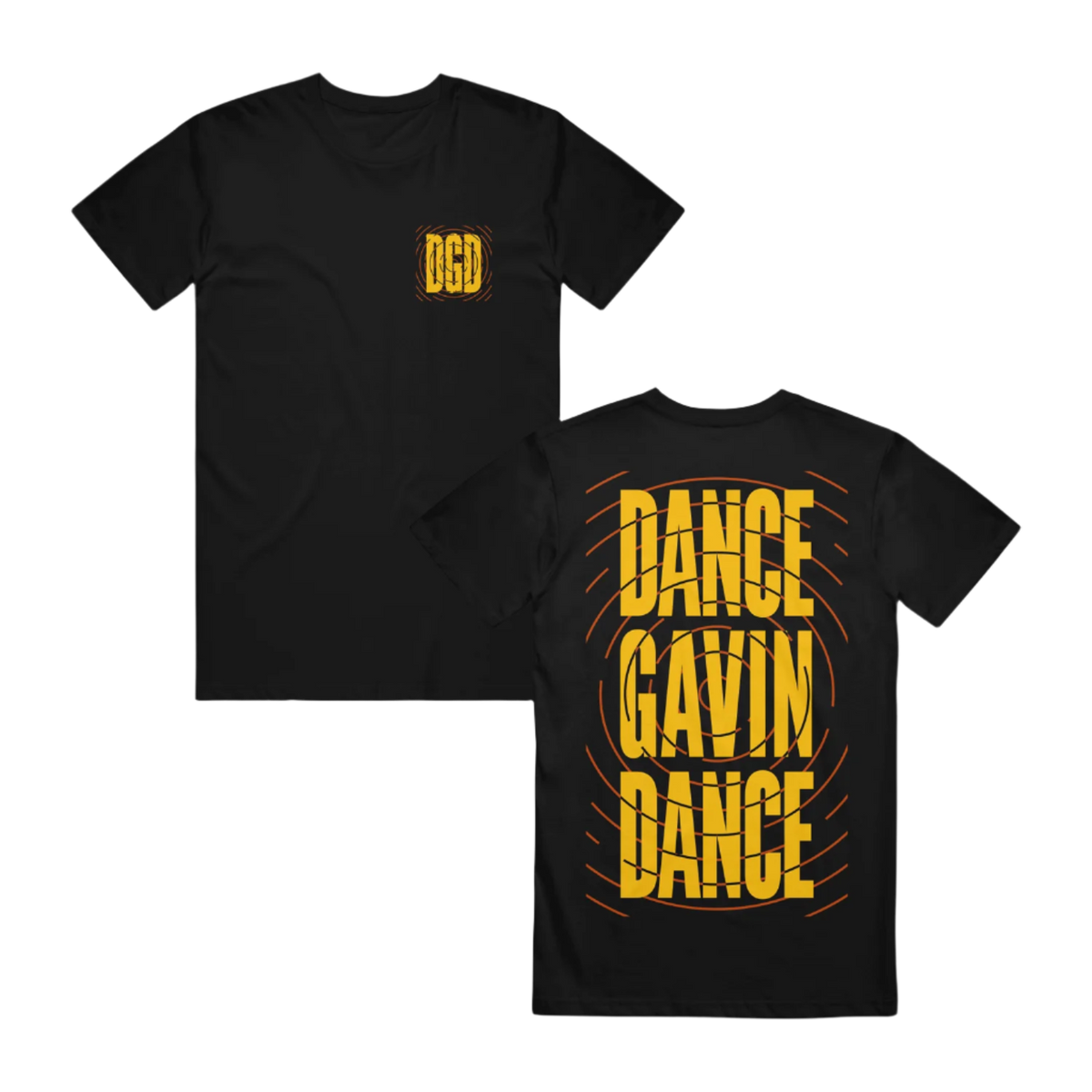 Two black T-shirts, one with the text 'DANCE GAVIN DANCE' in bold yellow letters on the front and the logo 'DGD' on the back, and the other with only the logo on the front.
