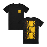 Two black T-shirts, one with the text 'DANCE GAVIN DANCE' in bold yellow letters on the front and the logo 'DGD' on the back, and the other with only the logo on the front.