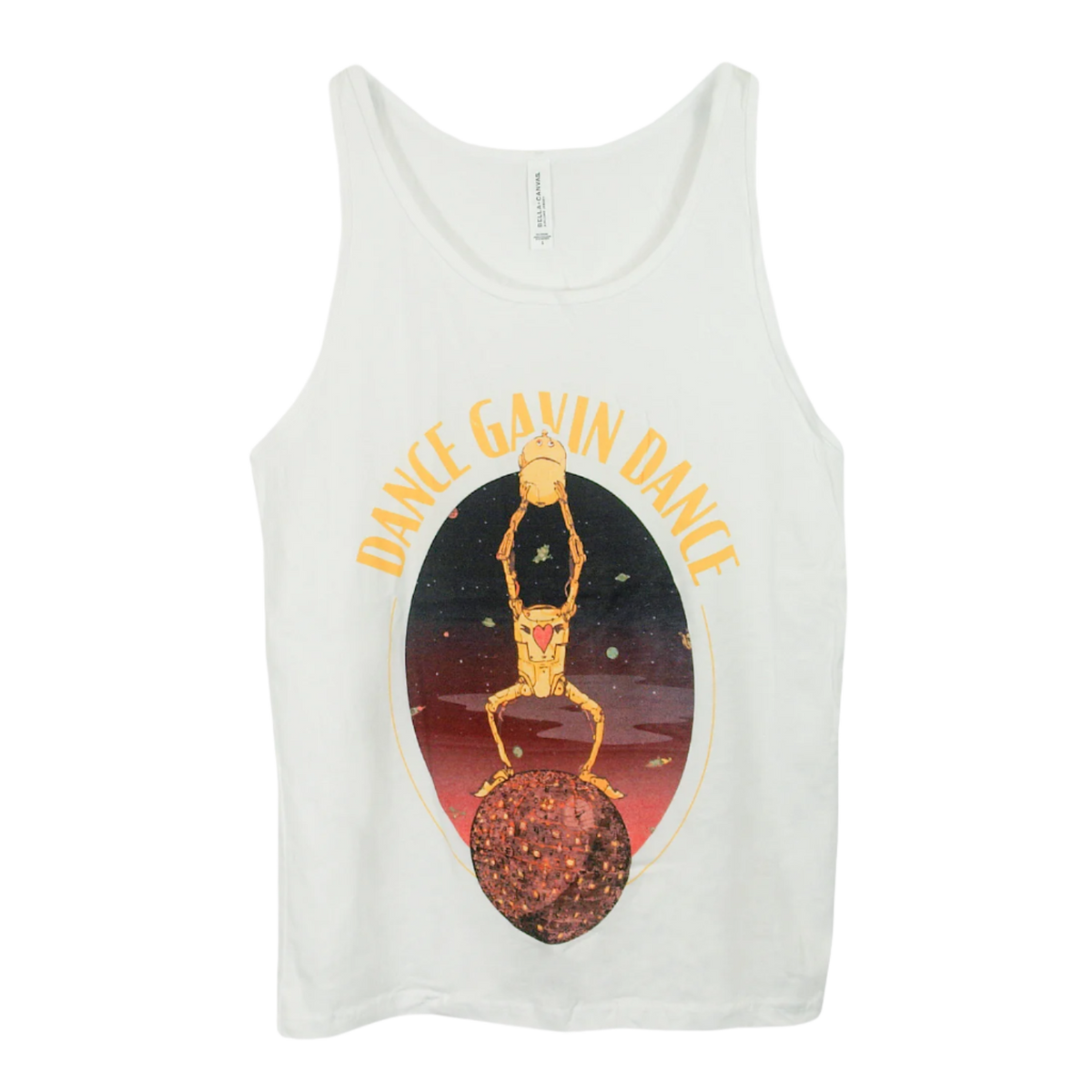 White tank top with 'Dance Gavin Dance' text and graphic design in the center.