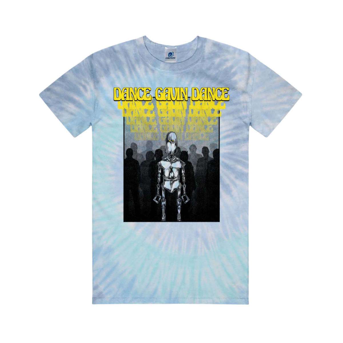 A tie-dye blue t-shirt with a graphic print of a character and text 'Dance Gavin Dance' on the front.