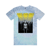 A tie-dye blue t-shirt with a graphic print of a character and text 'Dance Gavin Dance' on the front.