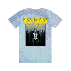 A tie-dye blue t-shirt with a graphic print of a character and text 'Dance Gavin Dance' on the front.