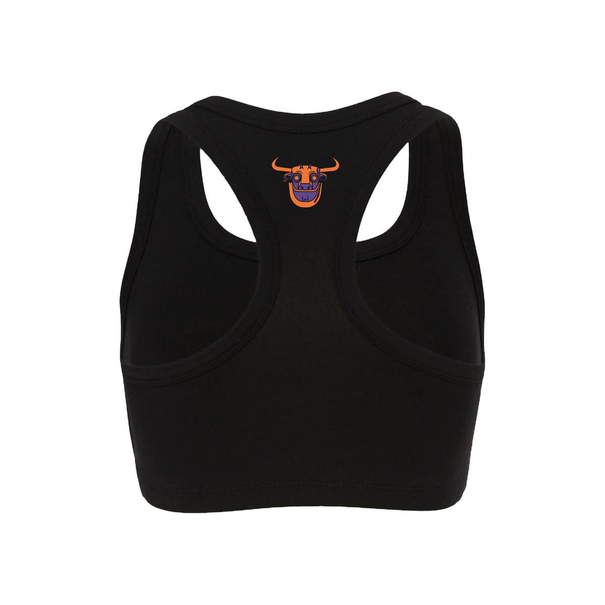 Black sports bra with a  bull logo on the back