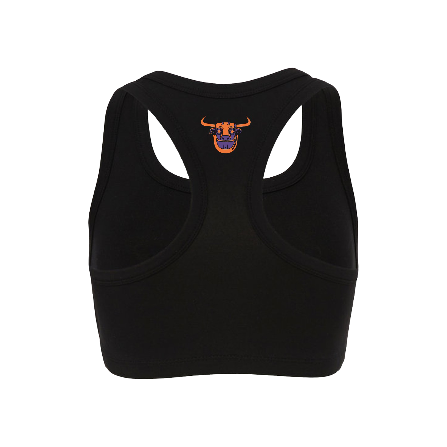 Black sports bra with a  bull logo on the back