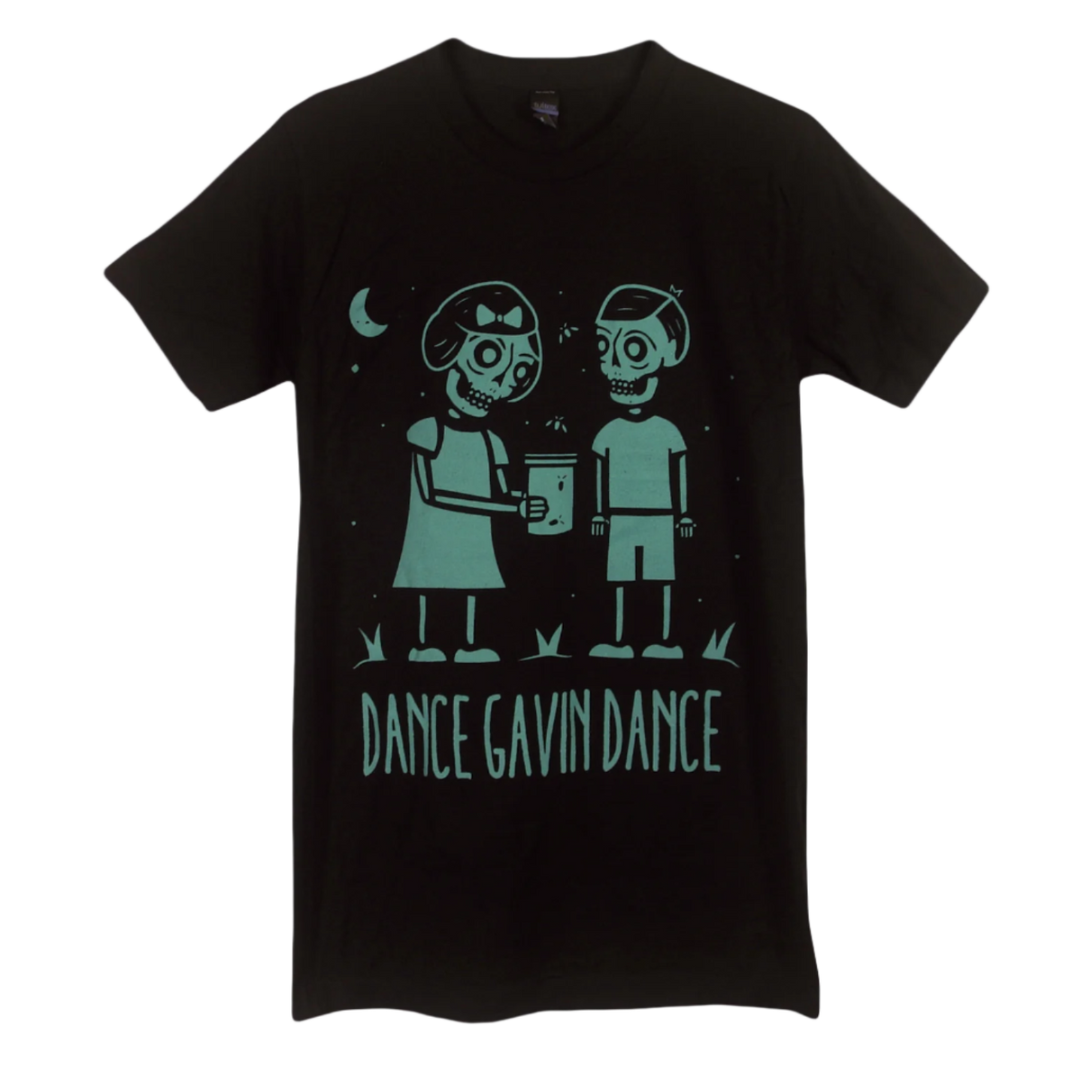 Black T-shirt with a graphic print of two cartoon characters and the text 'DANCE GAVIN DANCE' on the front.