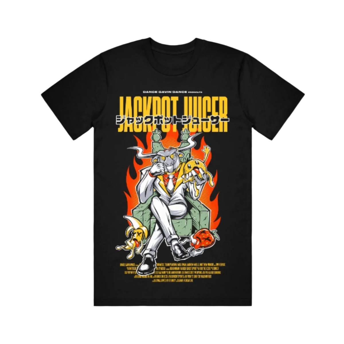 Black T-shirt with a graphic print of an anime character surrounded by flames and text reading 'JACKPOT JUICER'.