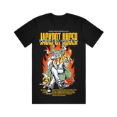 Black T-shirt with a graphic print of an anime character surrounded by flames and text reading 'JACKPOT JUICER'.