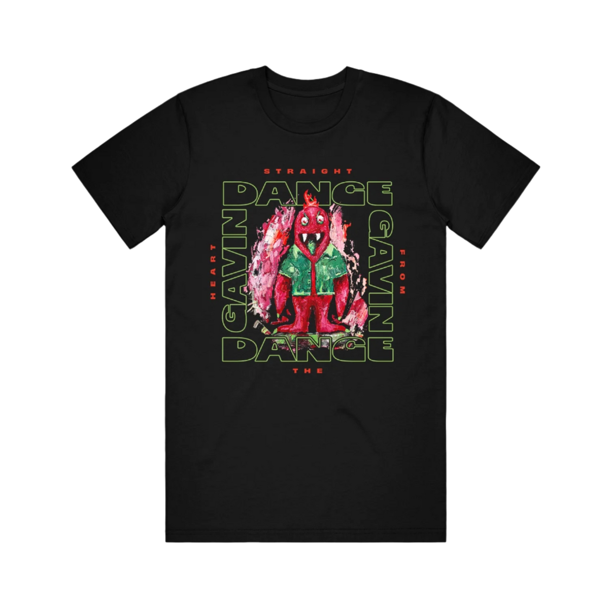 Black T-shirt with a graphic print of a character and text 'Dance Gavin Dance' on the front.