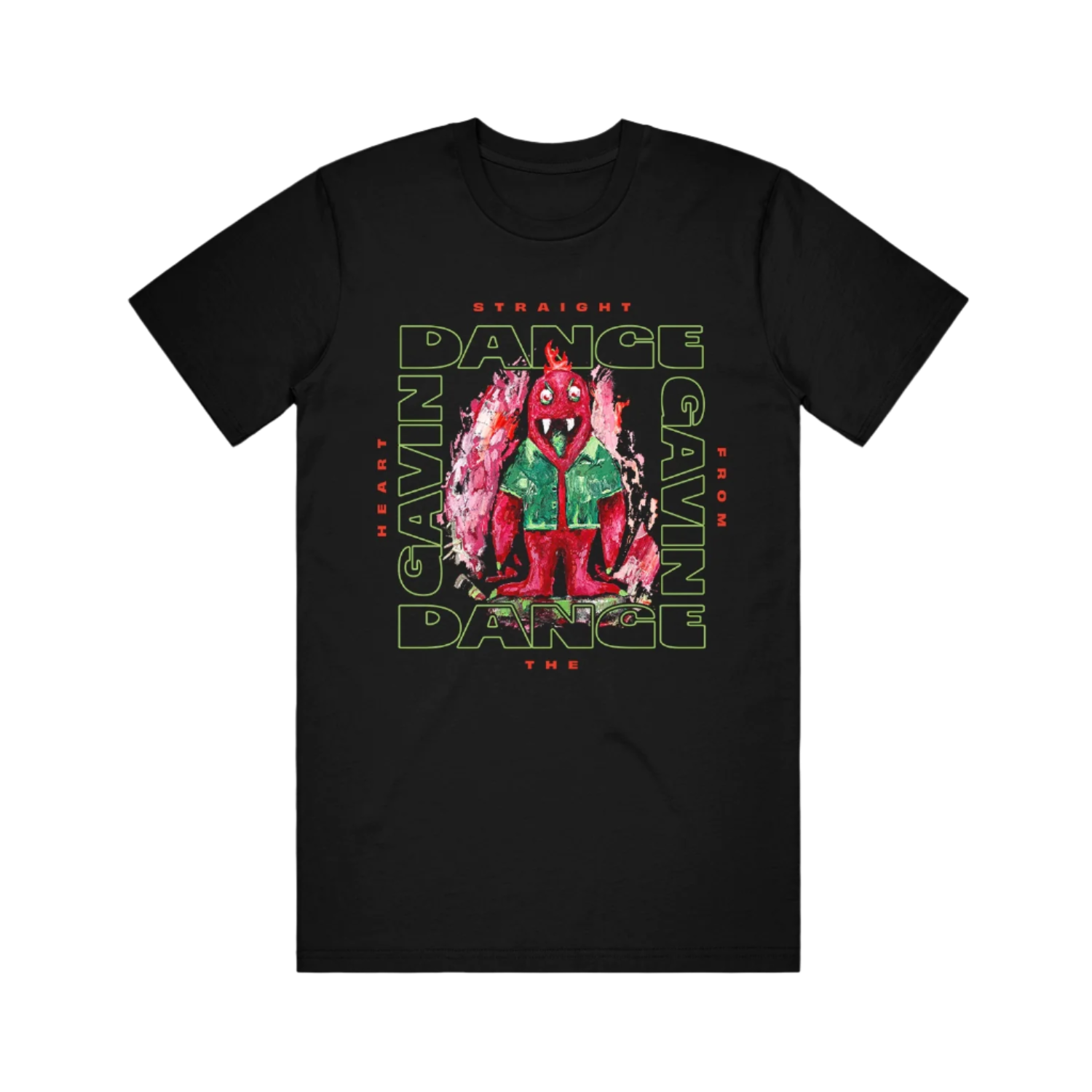 Black T-shirt with a graphic print of a character and text 'Dance Gavin Dance' on the front.