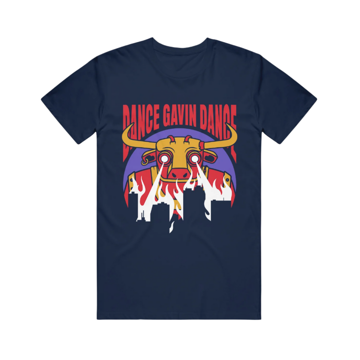 A navy-colored t-shirt with a graphic print of a stylized character named 'Gavinzilla' with flames and the text 'DANCE GAVIN DANCE'.