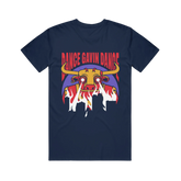 A navy-colored t-shirt with a graphic print of a stylized character named 'Gavinzilla' with flames and the text 'DANCE GAVIN DANCE'.