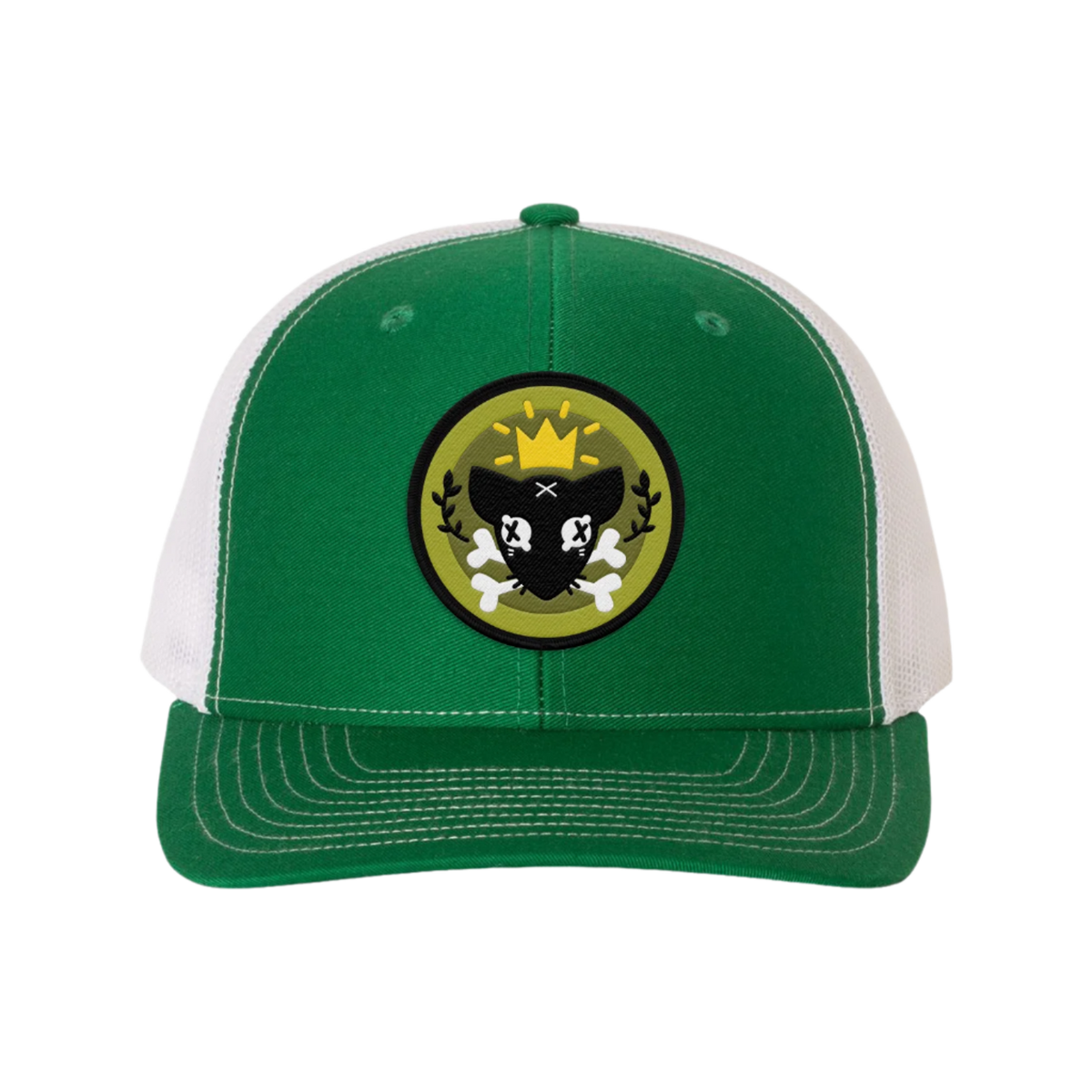 Green and white cap with a black and yellow emblem
