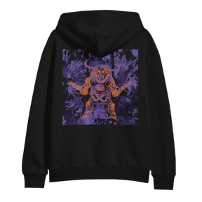 Black hoodie with a purple and orange graphic design on the back 