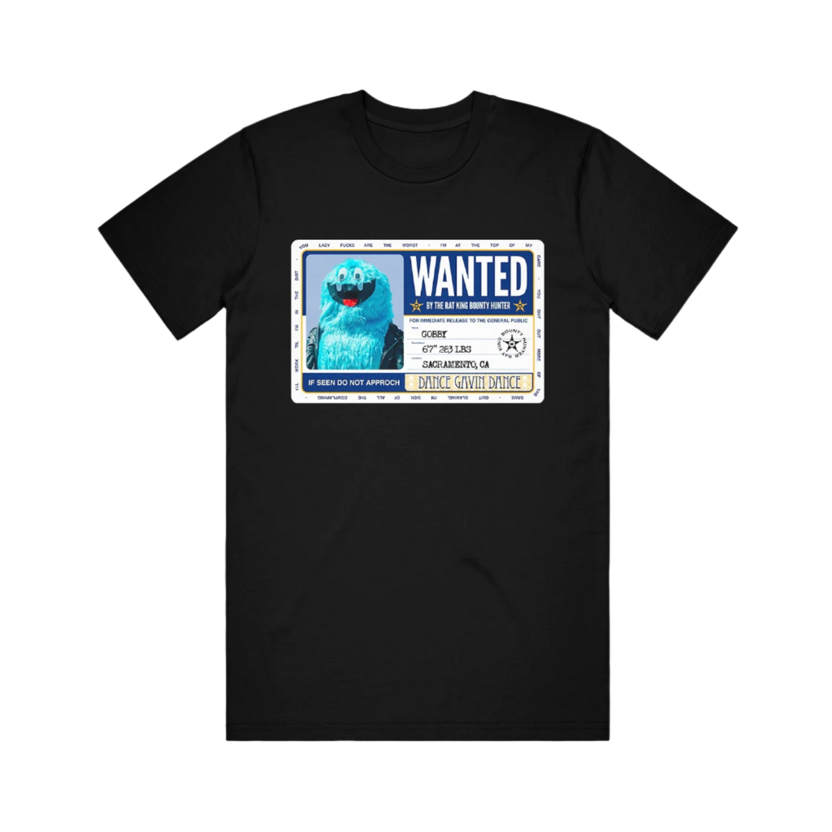 Black T-shirt with a 'Wanted' themed graphic print on the front.