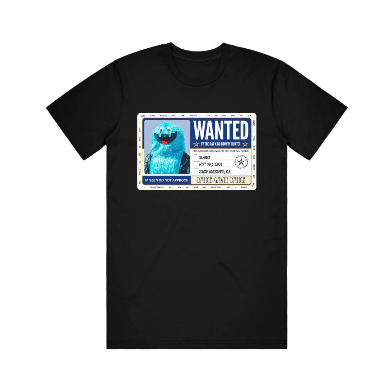 Black T-shirt with a 'Wanted' themed graphic print on the front.