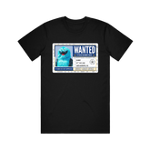 Black T-shirt with a 'Wanted' themed graphic print on the front.