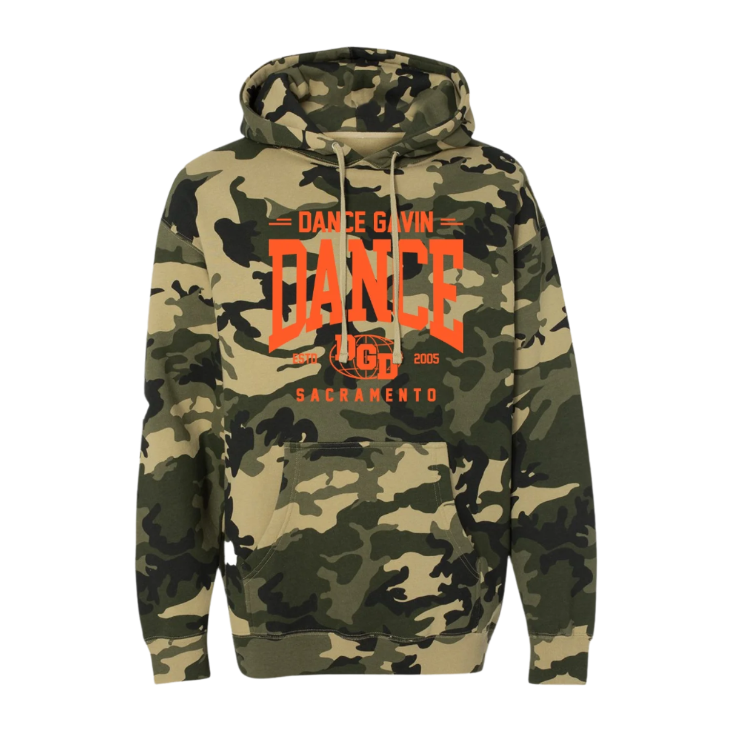 A pullover hoodie with camouflage pattern and a text 'DANCE GAVIN DANCE SACRAMENTO' printed in orange on the front.