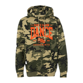 A pullover hoodie with camouflage pattern and a text 'DANCE GAVIN DANCE SACRAMENTO' printed in orange on the front.