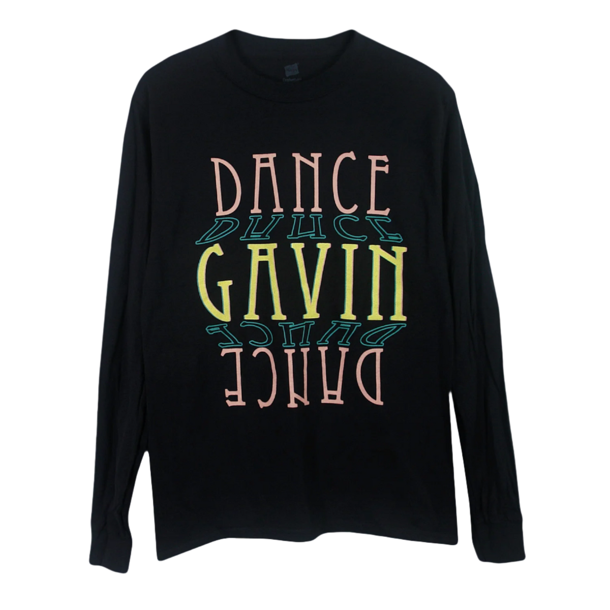 Black long sleeve shirt with 'DANCE GAVIN DANCE' printed in multicolored letters across the front.