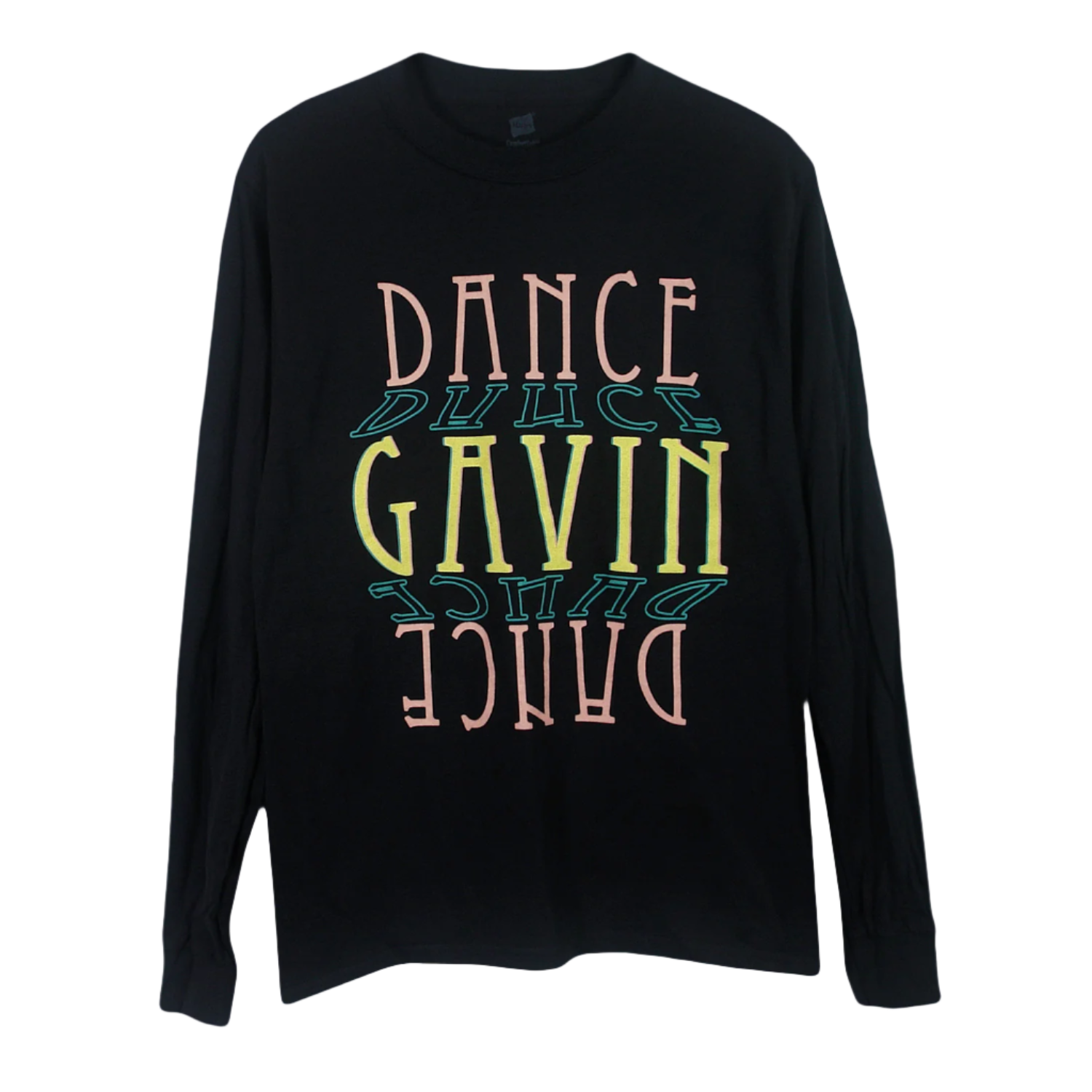Black long sleeve shirt with 'DANCE GAVIN DANCE' printed in multicolored letters across the front.