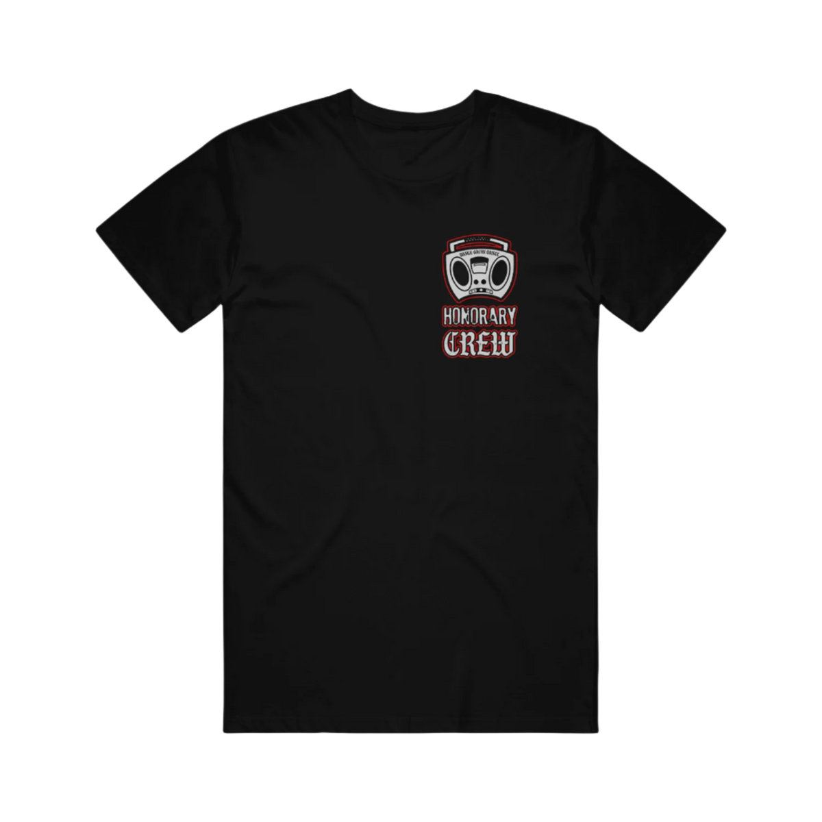 A black crewneck T-shirt with the text 'Dance Gavin Dance Honorary Crew' printed on the front.