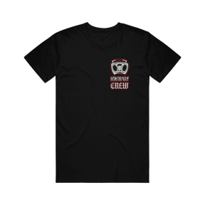 A black crewneck T-shirt with the text 'Dance Gavin Dance Honorary Crew' printed on the front.