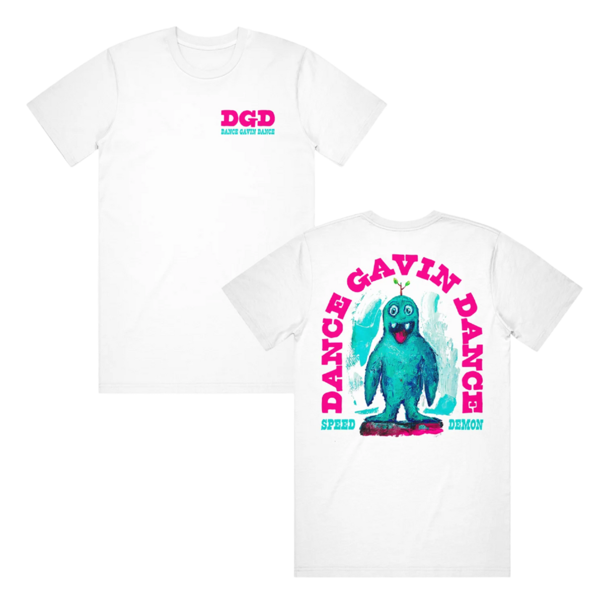 White t-shirt with a graphic print of a character and text 'DANCE GAVIN DANCE' on the front and back.