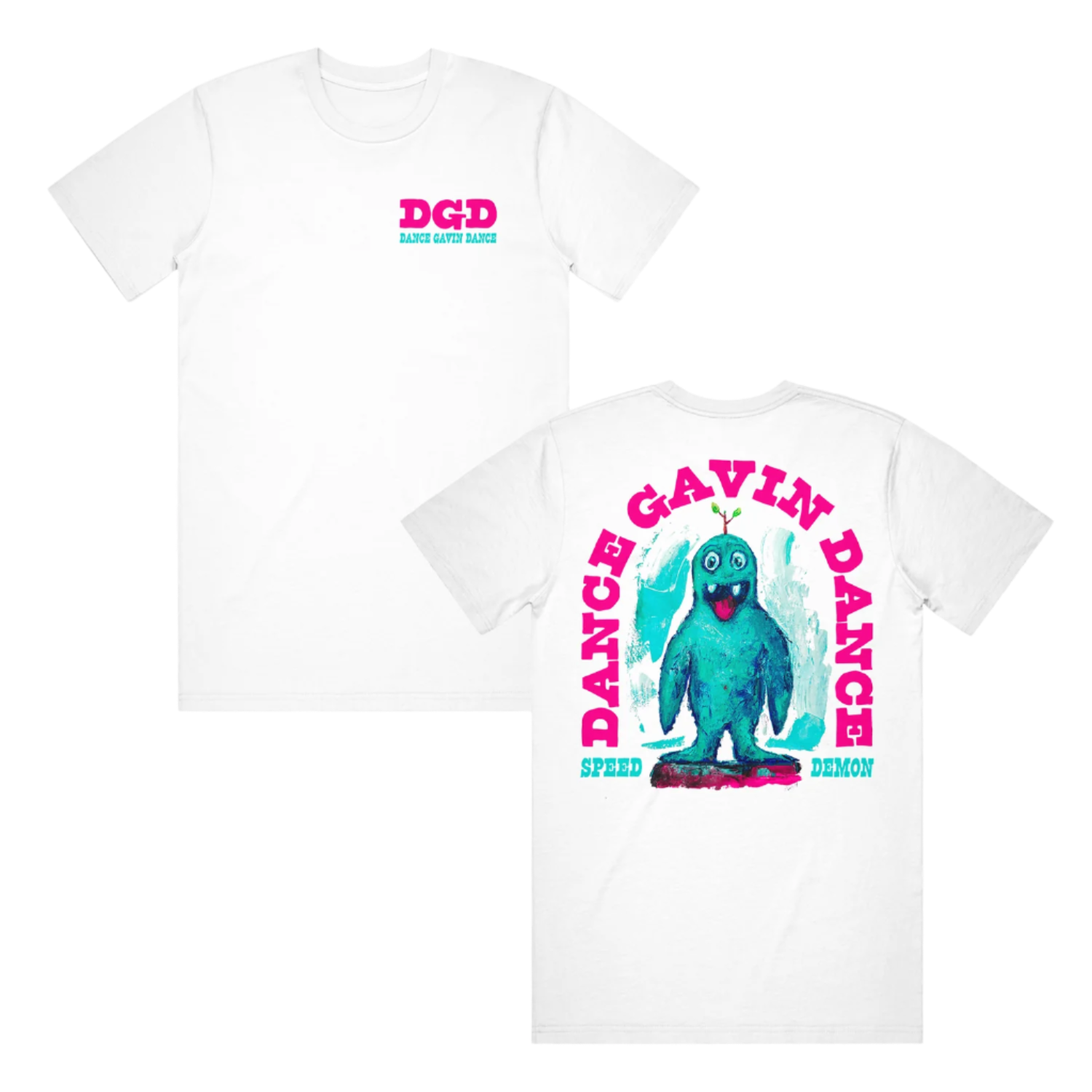 White t-shirt with a graphic print of a character and text 'DANCE GAVIN DANCE' on the front and back.