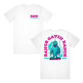 White t-shirt with a graphic print of a character and text 'DANCE GAVIN DANCE' on the front and back.