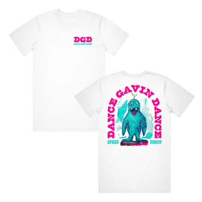 White t-shirt with a graphic print of a character and text 'DANCE GAVIN DANCE' on the front and back.