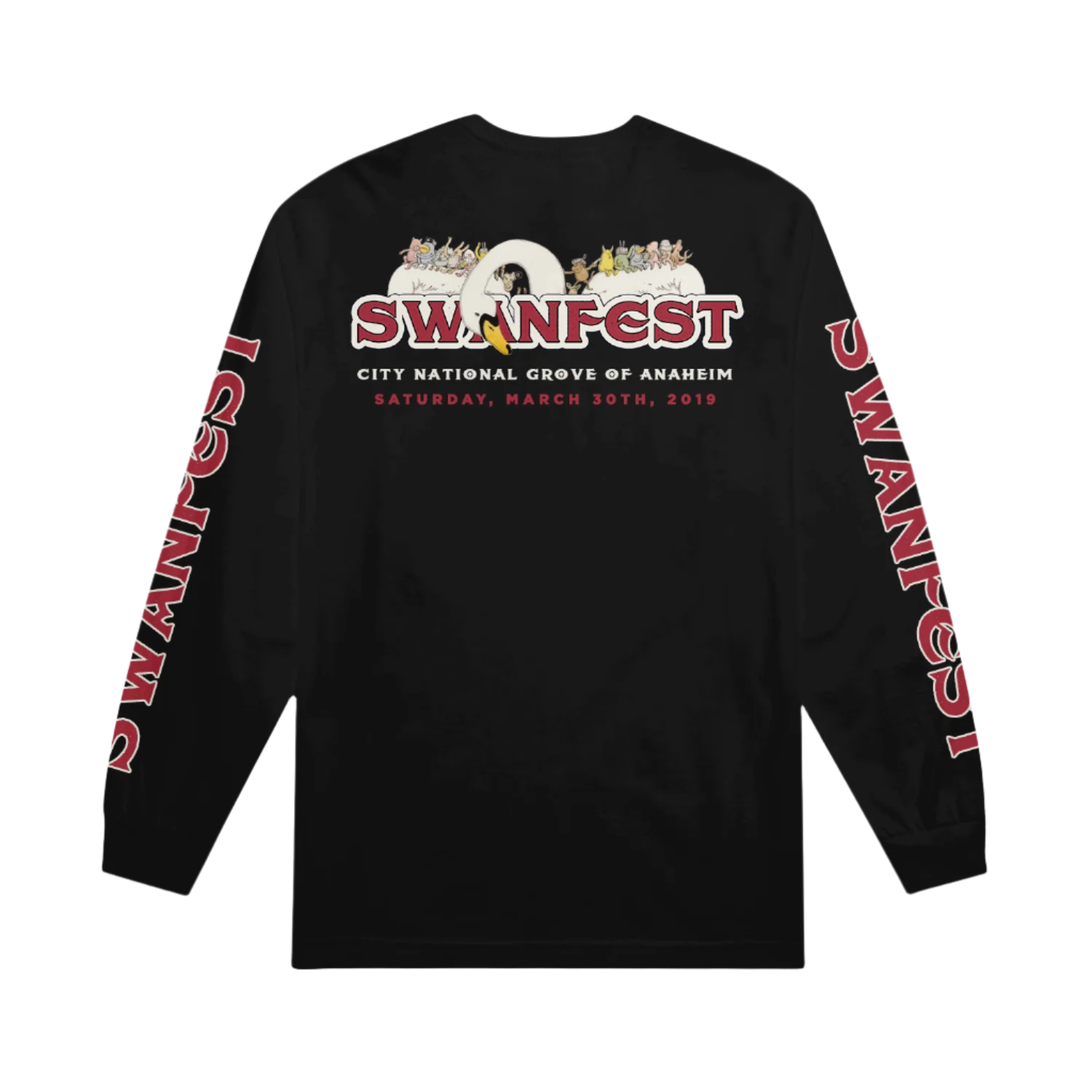 Black long-sleeve shirt with 'SWANFEST' graphic design on a white background
