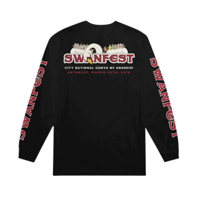 Black long-sleeve shirt with 'SWANFEST' graphic design on a white background