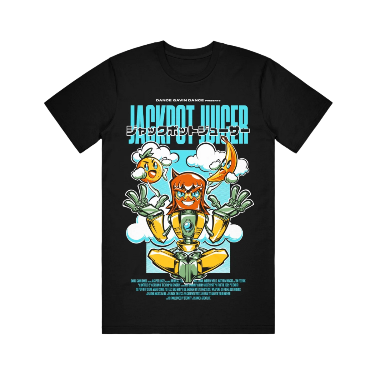 Black t-shirt with colorful graphic print of an anime character and text 'JACKPOT JUICER'.