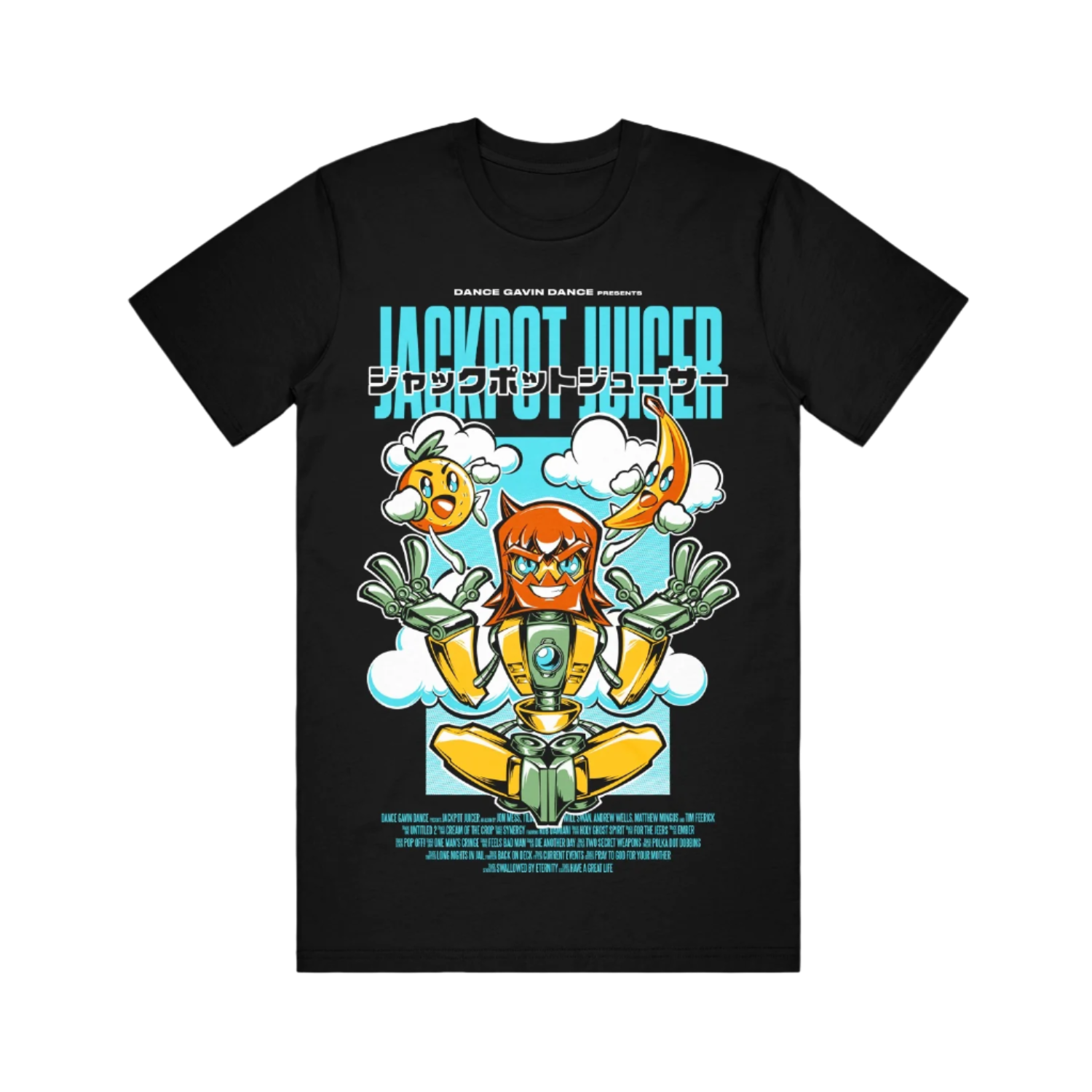 Black t-shirt with colorful graphic print of an anime character and text 'JACKPOT JUICER'.