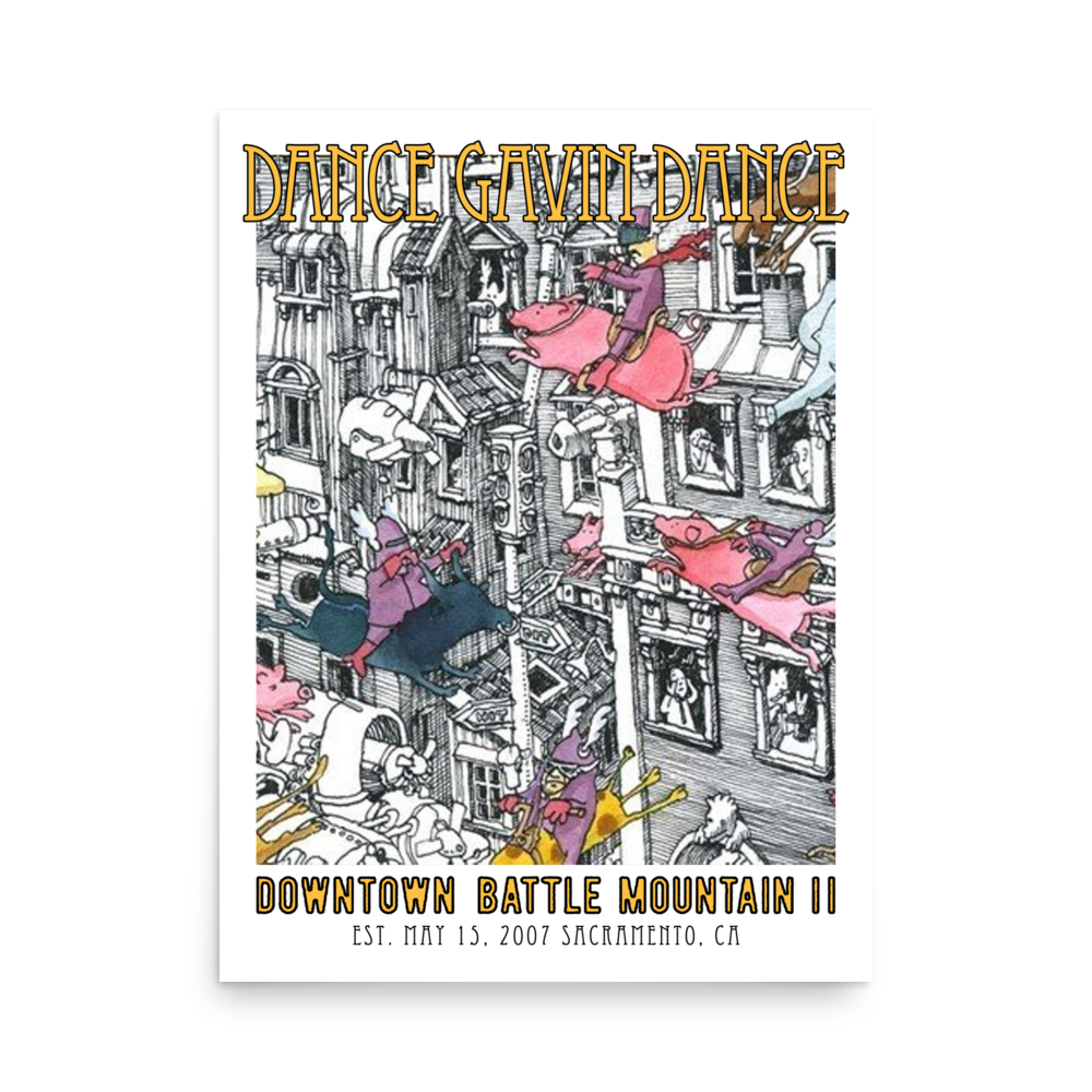 Poster for Dance Gavin Dance concert featuring colorful illustrations on a white background