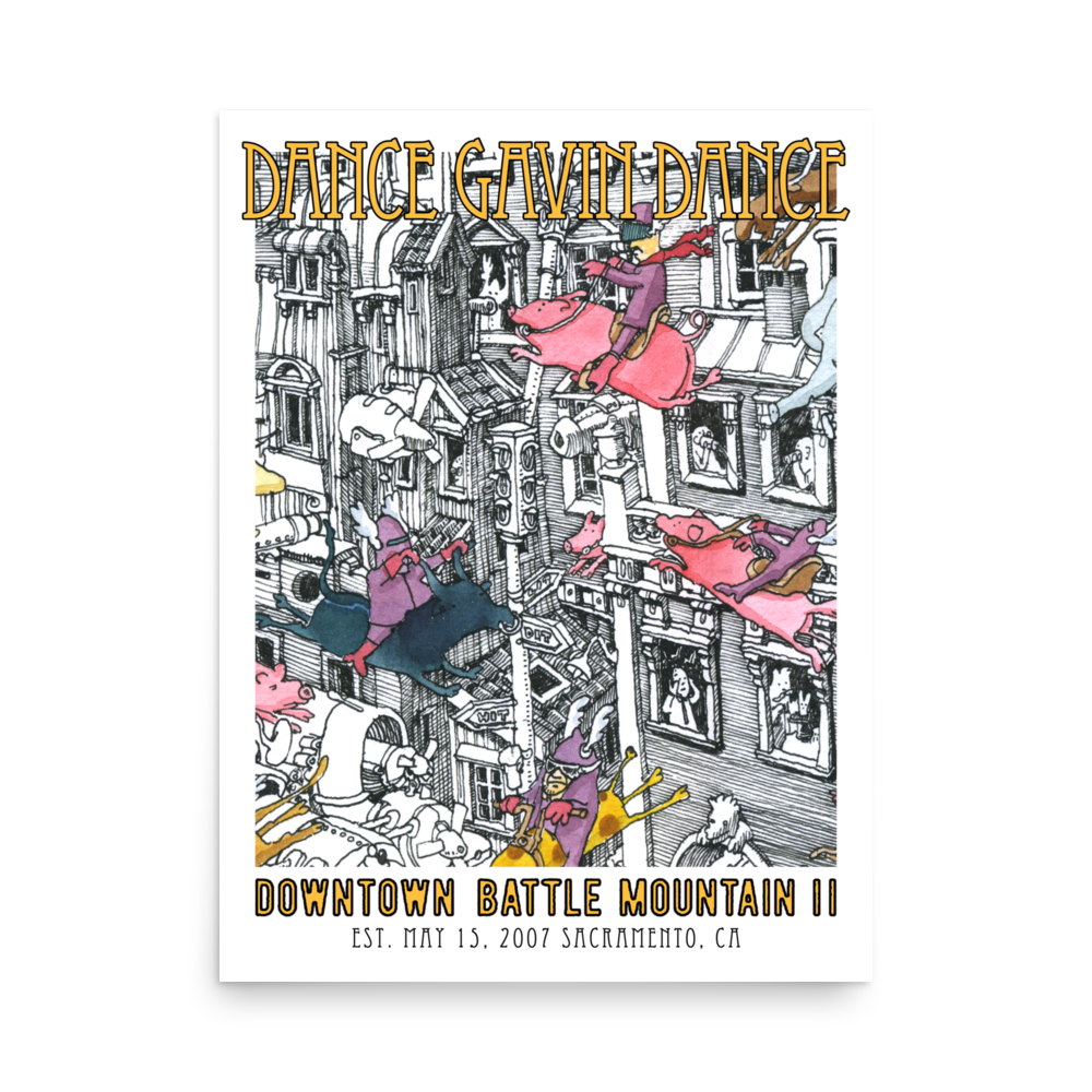 Poster for Dance Gavin Dance album featuring colorful illustrations on a white background