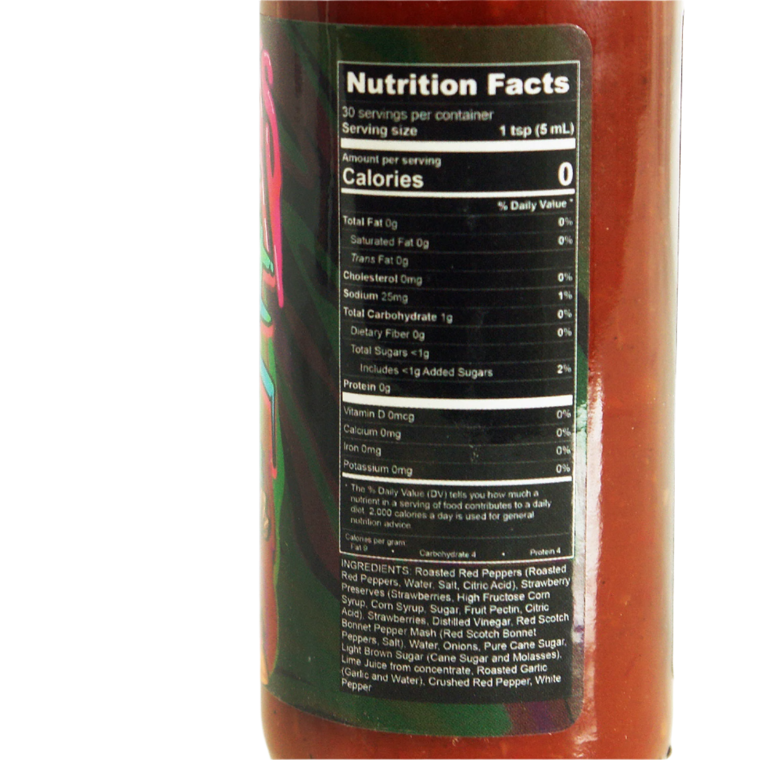 Nutrition facts label on a hot sauce bottle. 