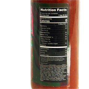 Nutrition facts label on a hot sauce bottle. 