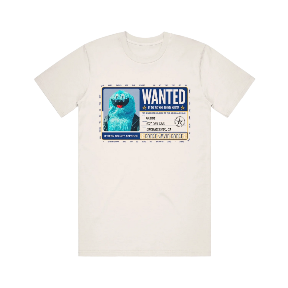 White t-shirt with a character in a 'Wanted' poster design. 