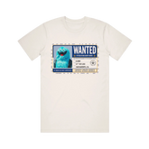 White t-shirt with a character in a 'Wanted' poster design. 