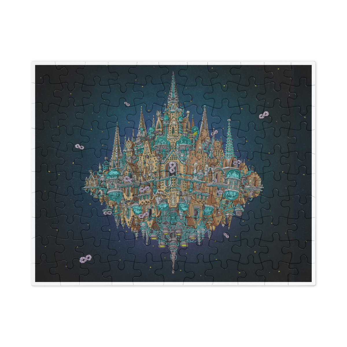 Jigsaw puzzle with a completed design of a castle-like structure on a dark background. 