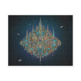 Jigsaw puzzle with a completed design of a castle-like structure on a dark background. 