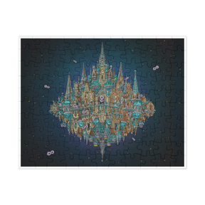 Jigsaw puzzle with a completed design of a castle-like structure on a dark background. 