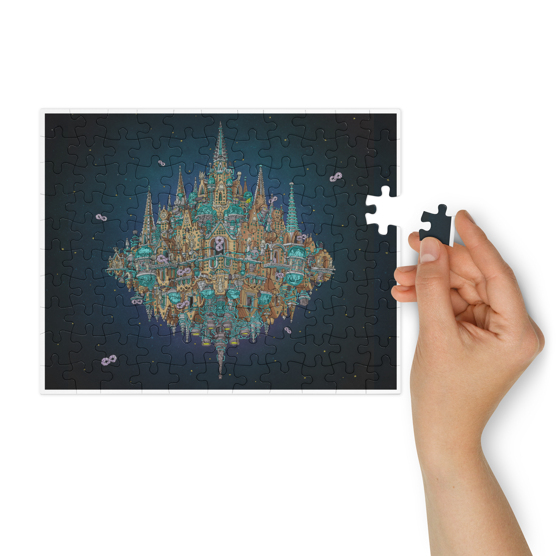Jigsaw puzzle with a completed section of a fantasy castle design, held by a hand.
