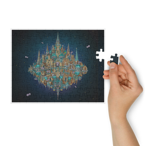 Jigsaw puzzle with a completed section of a fantasy castle design, held by a hand.