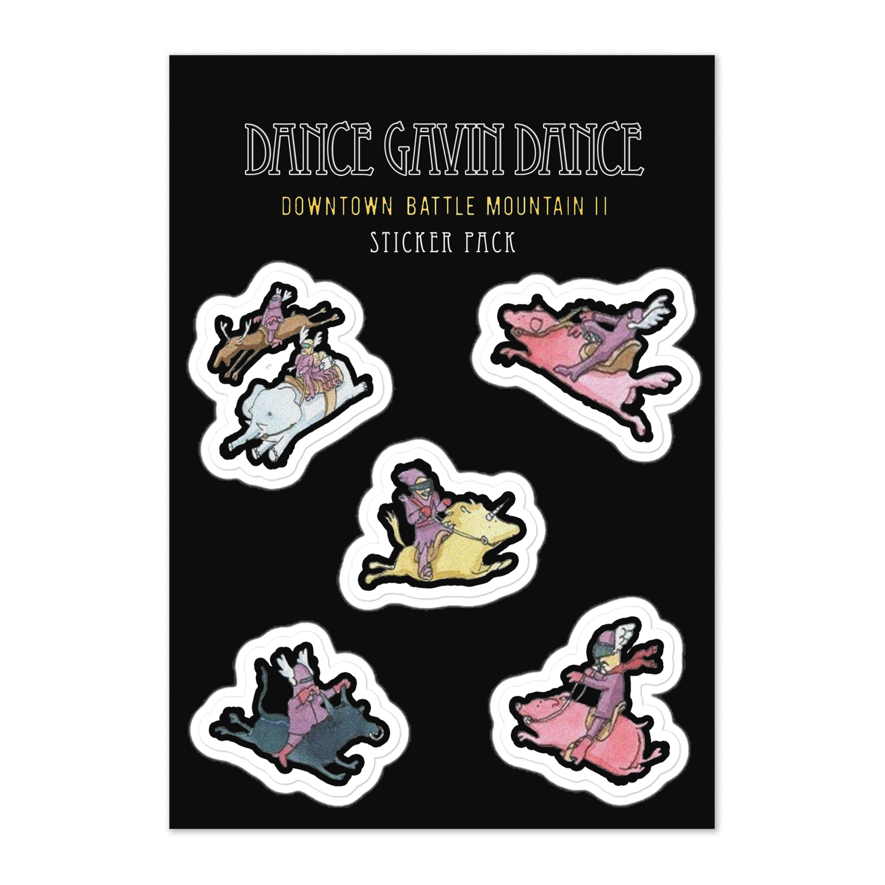 Sticker pack with cartoon characters on a black background, featuring the text 'Dance Gavin Dance Downtown Battle Mountain II Sticker Pack'.