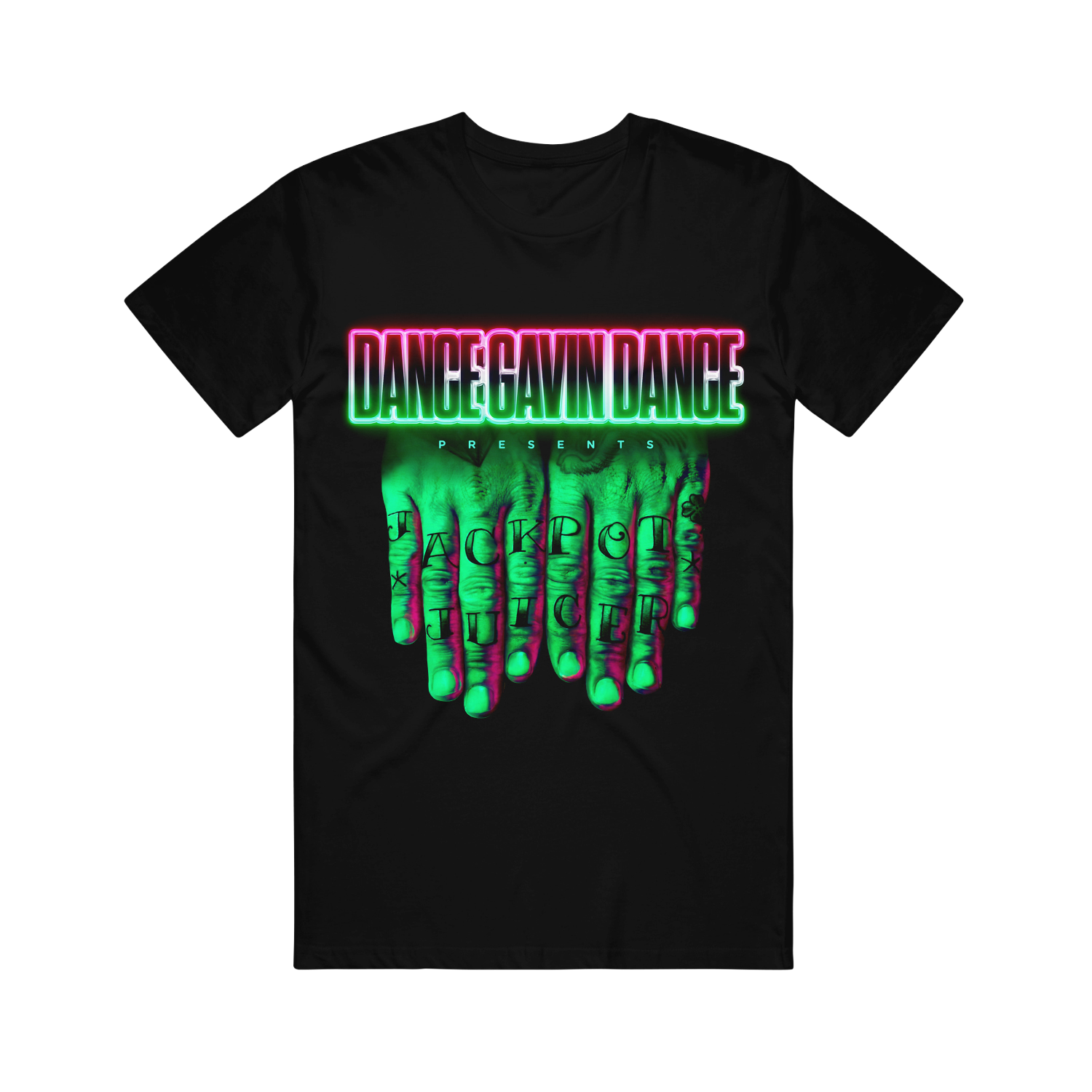 Black T-shirt with 'Dance Gavin Dance' text and a graphic design in green and pink.