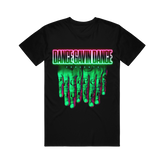Black T-shirt with 'Dance Gavin Dance' text and a graphic design in green and pink.