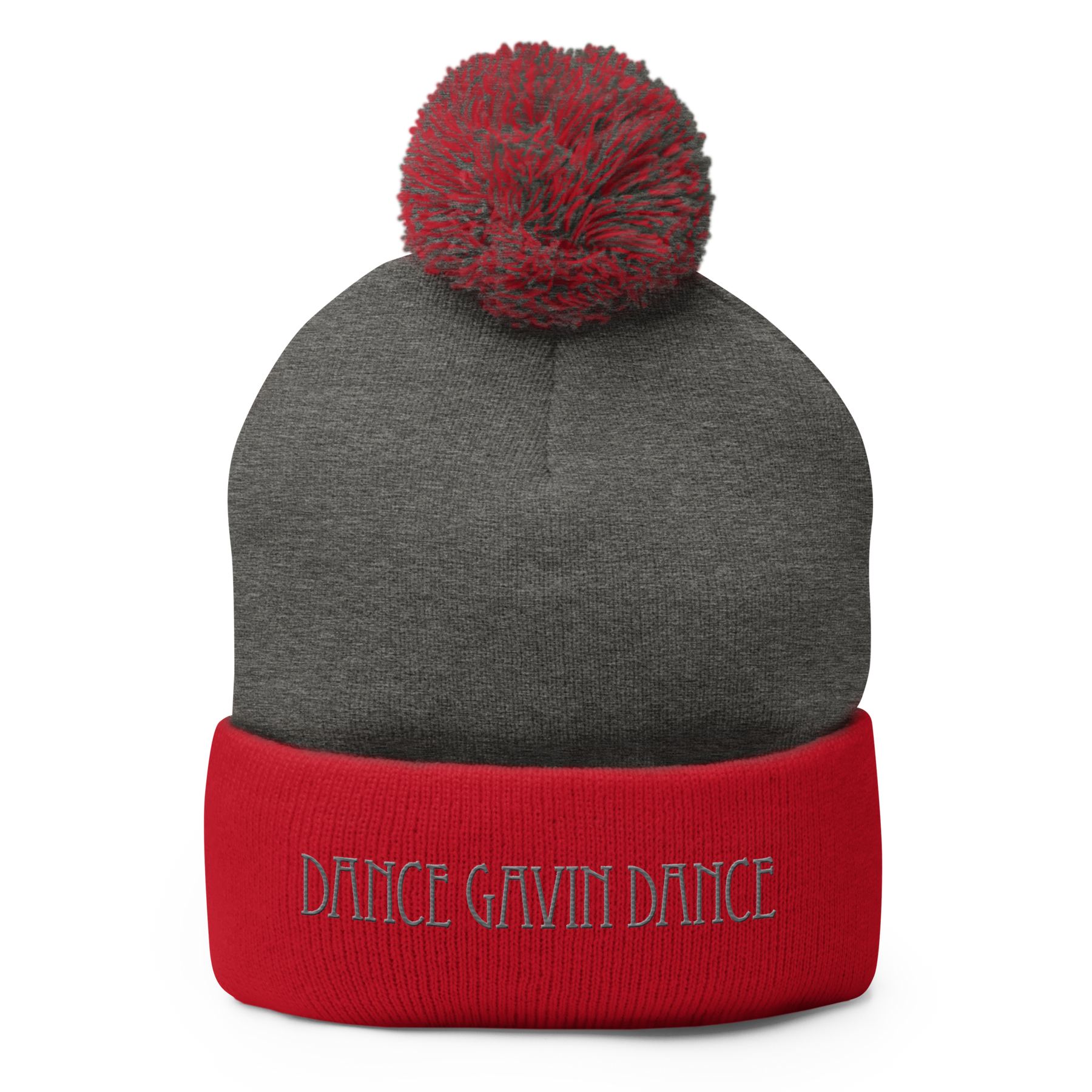 Gray and red beanie with pom-pom with Dance Gavin Dance embroidered text on a white background