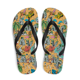 Colorful flip-flops with a cartoonish design on a white background